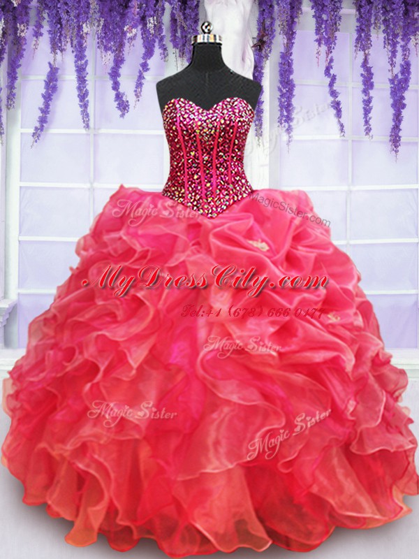 Coral Red Sleeveless Floor Length Beading and Ruffles Lace Up Quince Ball Gowns