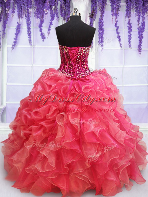 Coral Red Sleeveless Floor Length Beading and Ruffles Lace Up Quince Ball Gowns