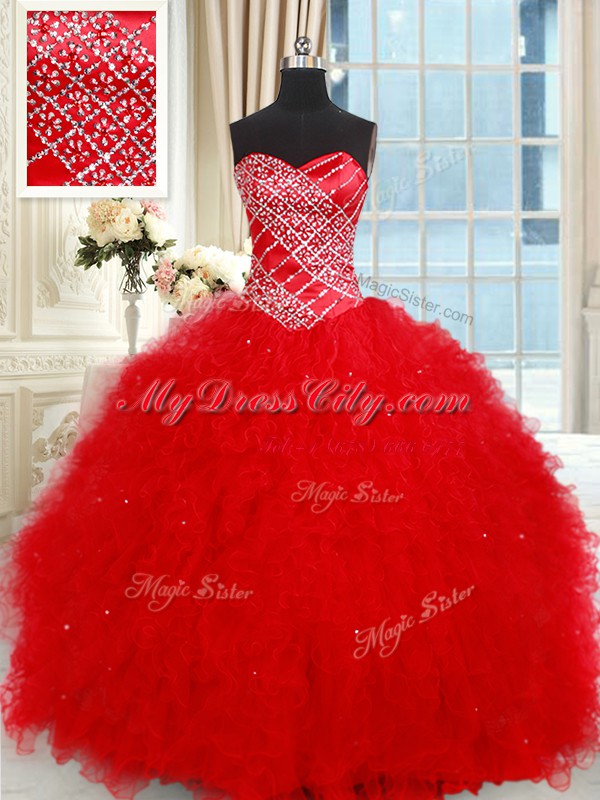 Red Sweetheart Neckline Beading and Ruffled Layers Quinceanera Dress Sleeveless Lace Up