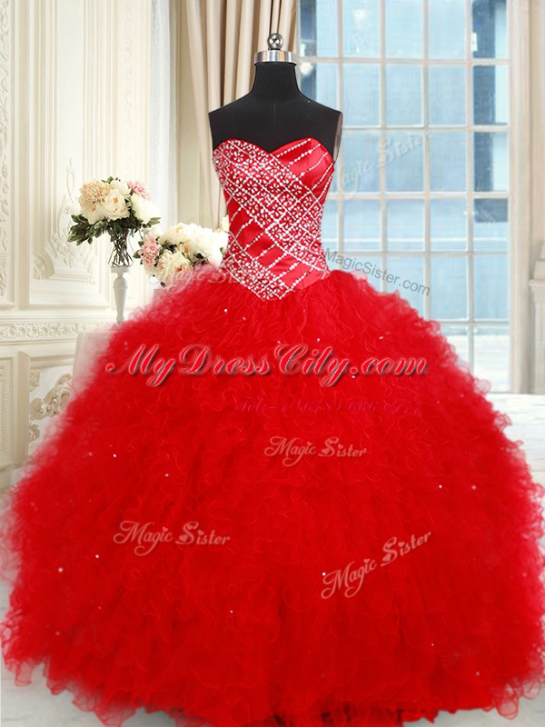 Red Sweetheart Neckline Beading and Ruffled Layers Quinceanera Dress Sleeveless Lace Up