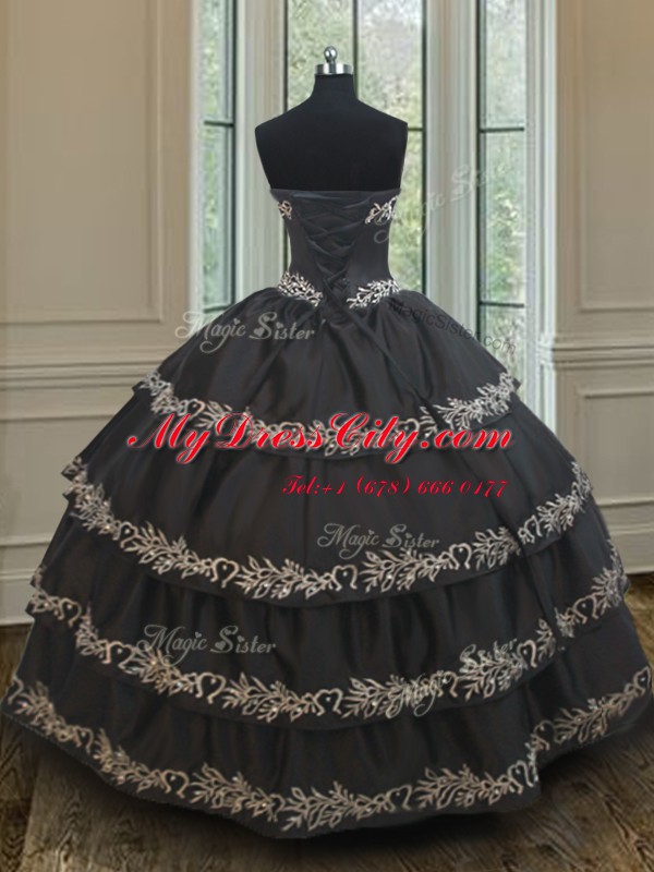 Ruffled Embroidery Floor Length Ball Gowns Sleeveless Black Sweet 16 Quinceanera Dress Lace Up