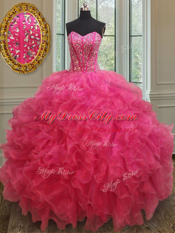 Top Selling Hot Pink Organza Lace Up Sweetheart Sleeveless Floor Length Ball Gown Prom Dress Beading and Ruffles