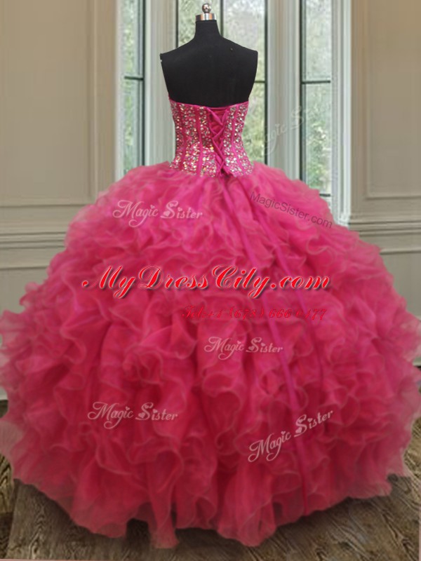 Top Selling Hot Pink Organza Lace Up Sweetheart Sleeveless Floor Length Ball Gown Prom Dress Beading and Ruffles