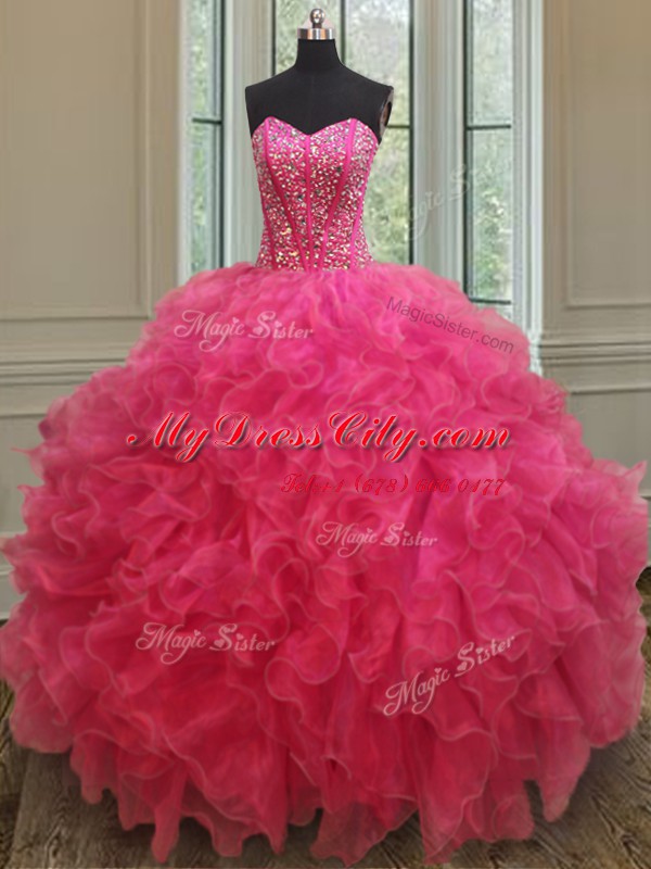 Top Selling Hot Pink Organza Lace Up Sweetheart Sleeveless Floor Length Ball Gown Prom Dress Beading and Ruffles