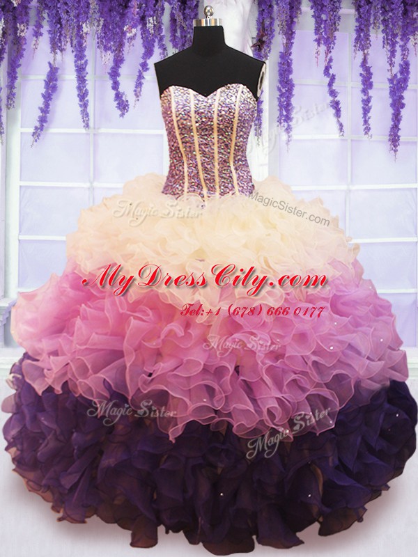 High Quality Ruffled Multi-color Sleeveless Organza Lace Up Ball Gown Prom Dress for Military Ball and Sweet 16 and Quinceanera