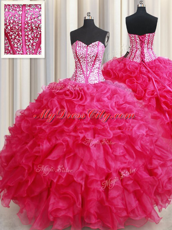 Ball Gowns Vestidos de Quinceanera Hot Pink Sweetheart Organza Sleeveless Floor Length Lace Up