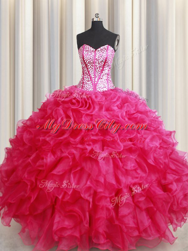 Ball Gowns Vestidos de Quinceanera Hot Pink Sweetheart Organza Sleeveless Floor Length Lace Up