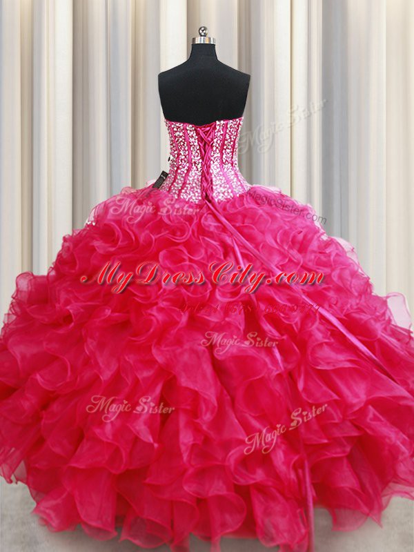 Ball Gowns Vestidos de Quinceanera Hot Pink Sweetheart Organza Sleeveless Floor Length Lace Up