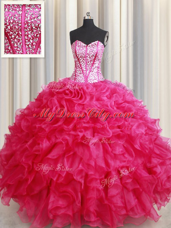 Ball Gowns Vestidos de Quinceanera Hot Pink Sweetheart Organza Sleeveless Floor Length Lace Up