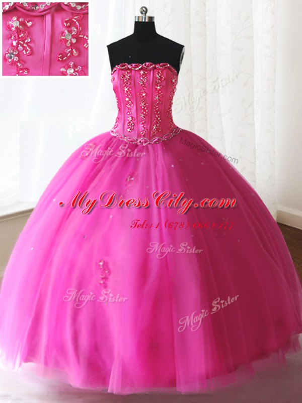 Strapless Sleeveless Quinceanera Gowns Floor Length Beading Hot Pink Tulle