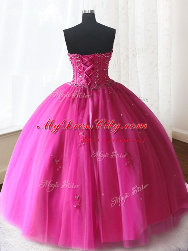 Strapless Sleeveless Quinceanera Gowns Floor Length Beading Hot Pink Tulle