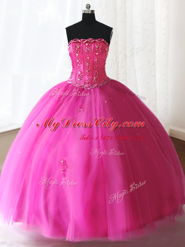 Strapless Sleeveless Quinceanera Gowns Floor Length Beading Hot Pink Tulle