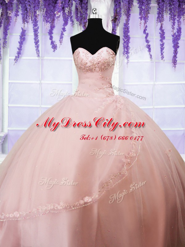 Classical Baby Pink Sleeveless Tulle Lace Up Quinceanera Gowns for Military Ball and Sweet 16 and Quinceanera