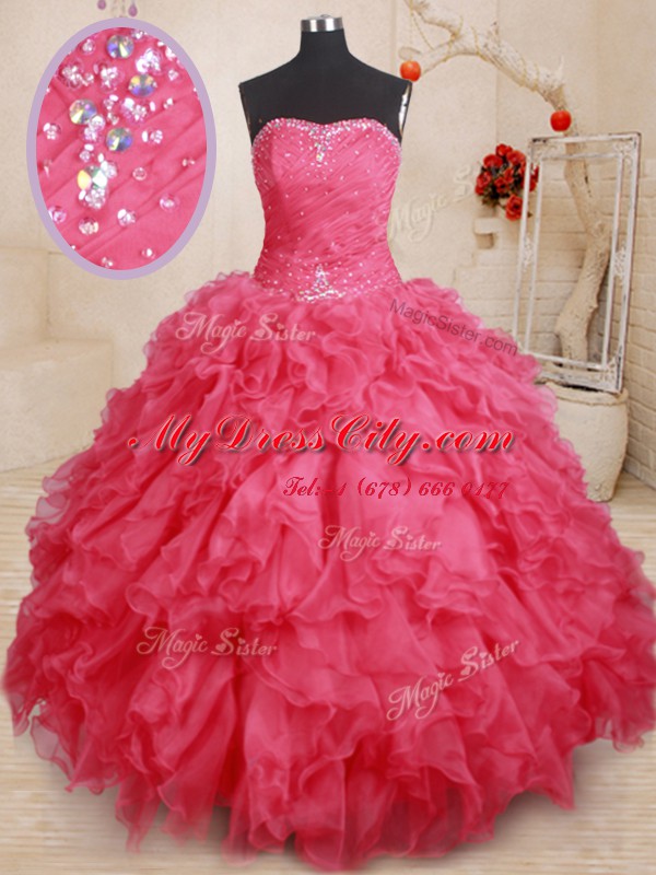 Customized Sweetheart Sleeveless Organza Quince Ball Gowns Beading and Ruffles Lace Up