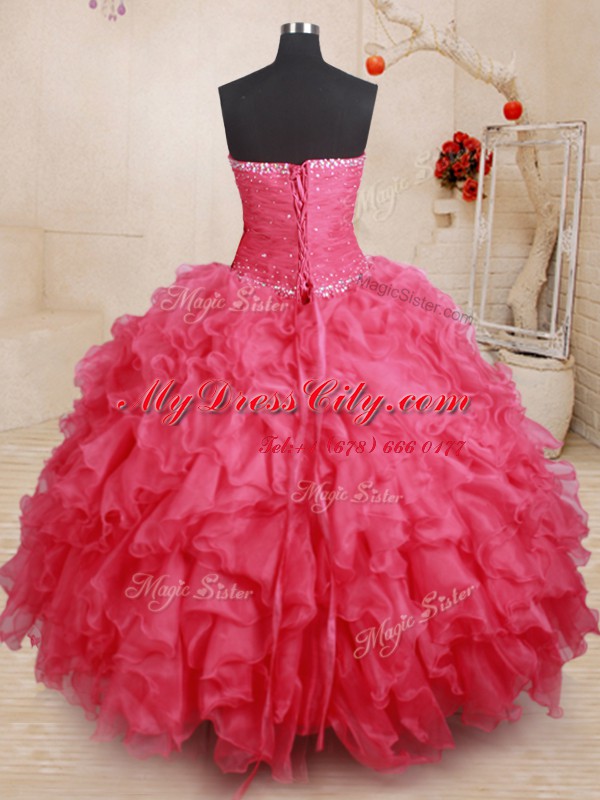 Customized Sweetheart Sleeveless Organza Quince Ball Gowns Beading and Ruffles Lace Up