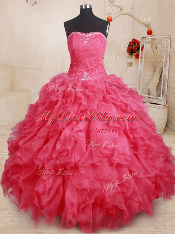 Customized Sweetheart Sleeveless Organza Quince Ball Gowns Beading and Ruffles Lace Up