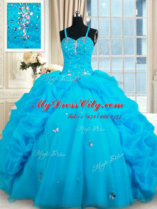 Straps Baby Blue Lace Up Quince Ball Gowns Beading and Pick Ups Sleeveless Floor Length