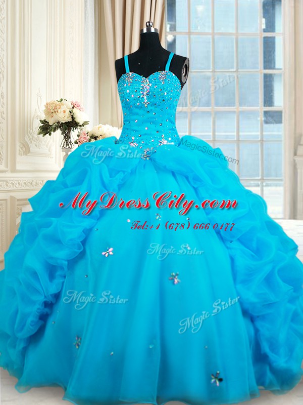 Straps Baby Blue Lace Up Quince Ball Gowns Beading and Pick Ups Sleeveless Floor Length