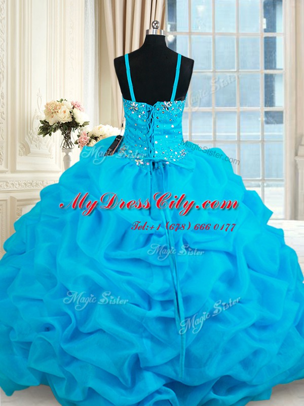 Straps Baby Blue Lace Up Quince Ball Gowns Beading and Pick Ups Sleeveless Floor Length