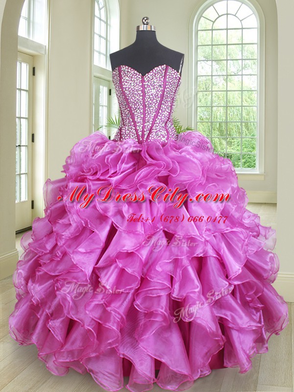 Organza Sweetheart Sleeveless Lace Up Beading and Ruffles Ball Gown Prom Dress in Lilac