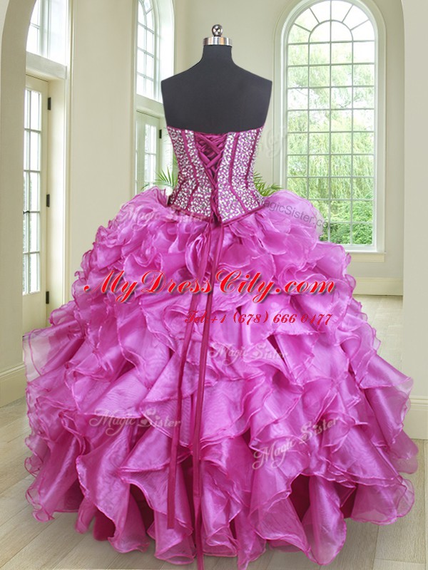 Organza Sweetheart Sleeveless Lace Up Beading and Ruffles Ball Gown Prom Dress in Lilac