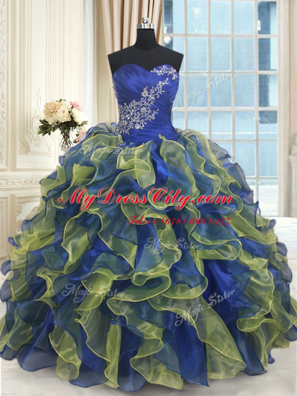 Delicate Multi-color Lace Up Sweet 16 Quinceanera Dress Beading and Ruffles Sleeveless Floor Length