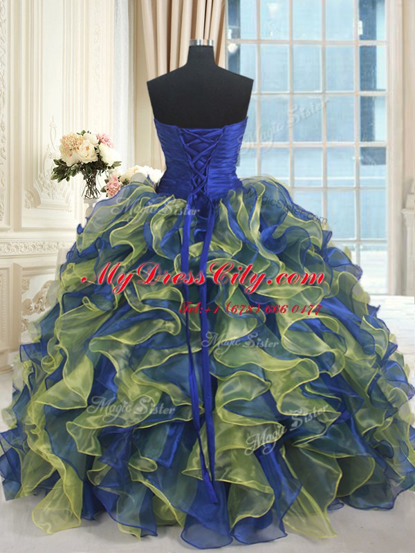 Delicate Multi-color Lace Up Sweet 16 Quinceanera Dress Beading and Ruffles Sleeveless Floor Length