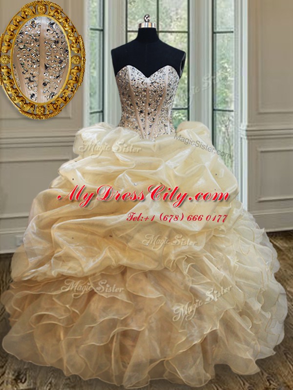 Cheap Champagne Organza Lace Up 15 Quinceanera Dress Sleeveless Floor Length Beading and Ruffles