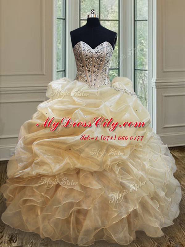 Cheap Champagne Organza Lace Up 15 Quinceanera Dress Sleeveless Floor Length Beading and Ruffles