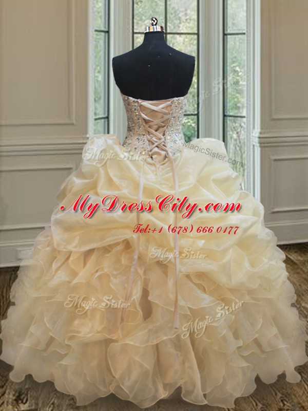 Cheap Champagne Organza Lace Up 15 Quinceanera Dress Sleeveless Floor Length Beading and Ruffles