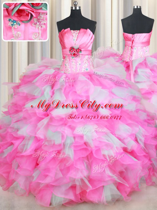 Exceptional Sleeveless Floor Length Beading and Ruffles and Hand Made Flower Lace Up Sweet 16 Quinceanera Dress with Pink And White