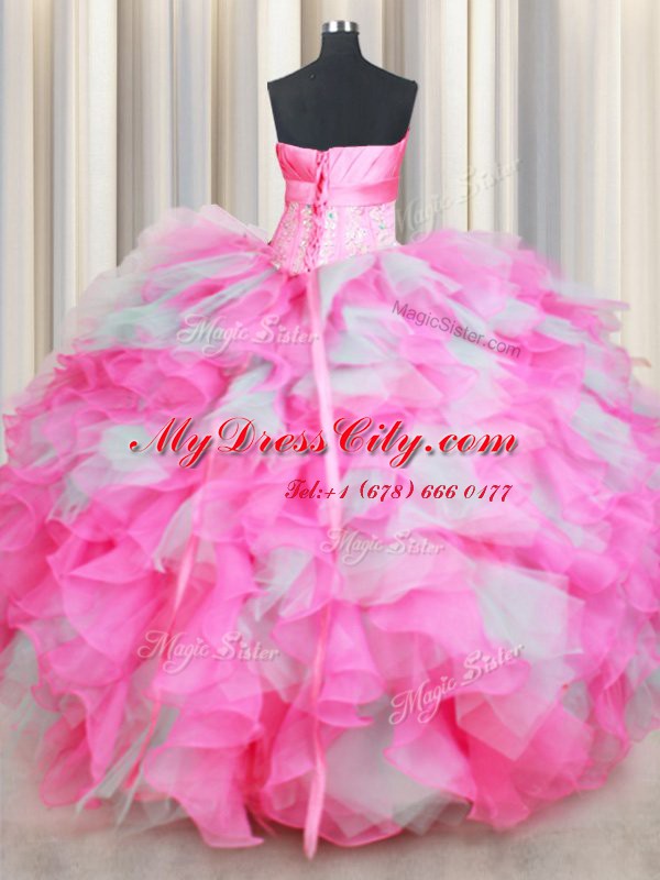 Exceptional Sleeveless Floor Length Beading and Ruffles and Hand Made Flower Lace Up Sweet 16 Quinceanera Dress with Pink And White