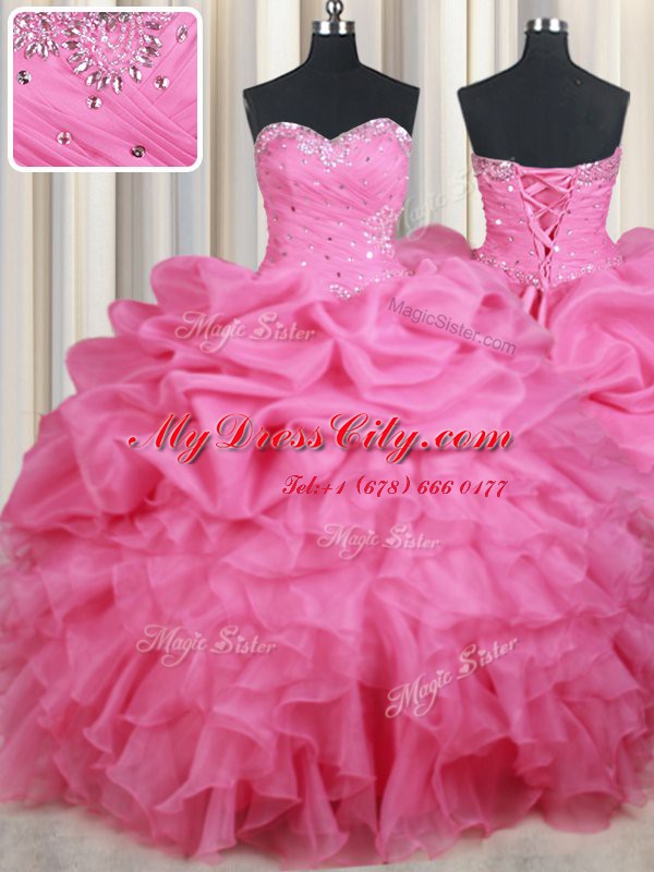 Colorful Sleeveless Floor Length Beading and Ruffles and Pick Ups Lace Up Sweet 16 Dress with Rose Pink