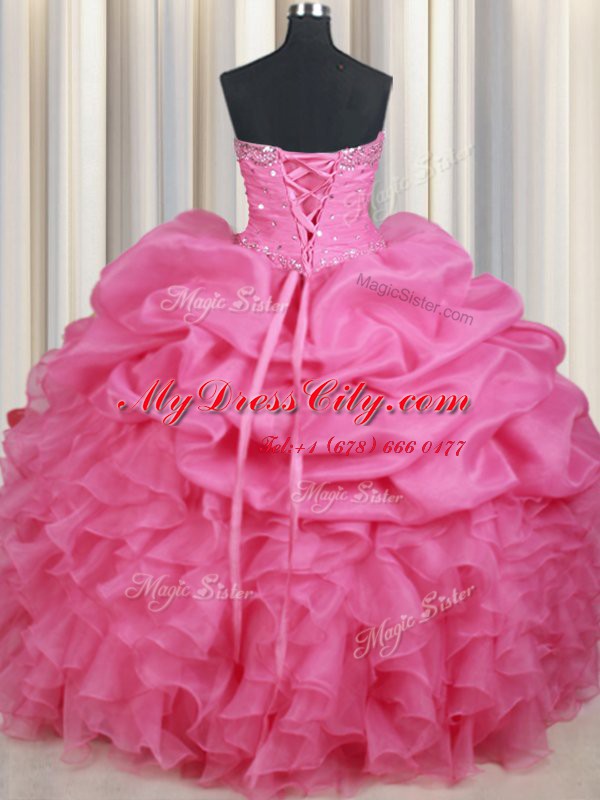 Colorful Sleeveless Floor Length Beading and Ruffles and Pick Ups Lace Up Sweet 16 Dress with Rose Pink