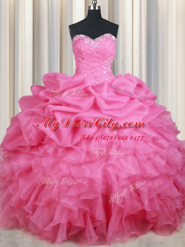 Colorful Sleeveless Floor Length Beading and Ruffles and Pick Ups Lace Up Sweet 16 Dress with Rose Pink