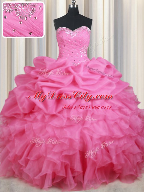 Colorful Sleeveless Floor Length Beading and Ruffles and Pick Ups Lace Up Sweet 16 Dress with Rose Pink