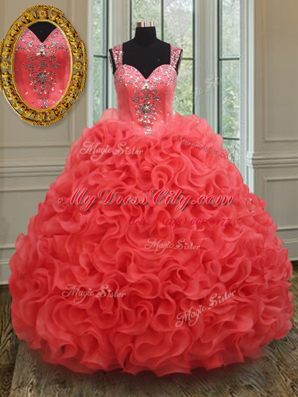 On Sale Coral Red Organza Zipper Straps Sleeveless Floor Length Ball Gown Prom Dress Beading