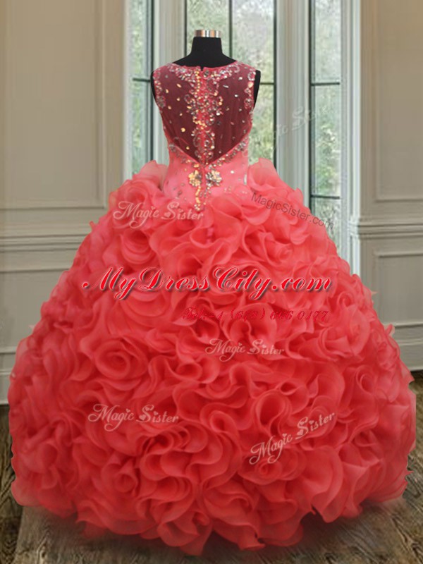 On Sale Coral Red Organza Zipper Straps Sleeveless Floor Length Ball Gown Prom Dress Beading