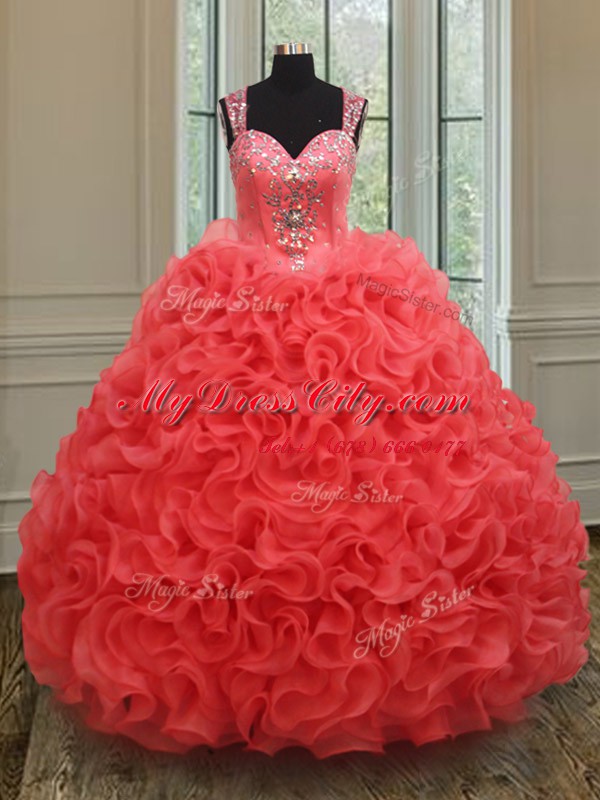 On Sale Coral Red Organza Zipper Straps Sleeveless Floor Length Ball Gown Prom Dress Beading