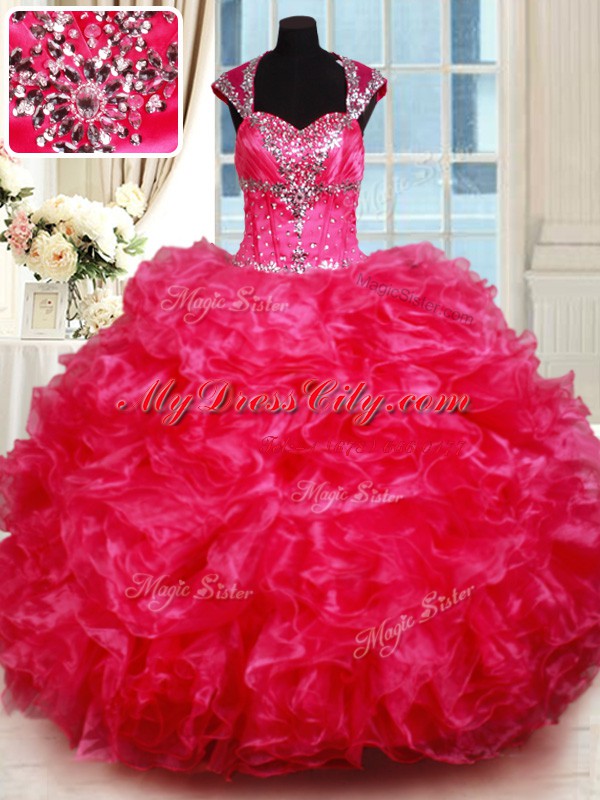 Hot Pink Sweetheart Neckline Beading and Ruffles Sweet 16 Quinceanera Dress Cap Sleeves Backless