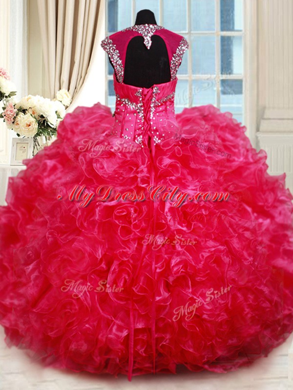 Hot Pink Sweetheart Neckline Beading and Ruffles Sweet 16 Quinceanera Dress Cap Sleeves Backless