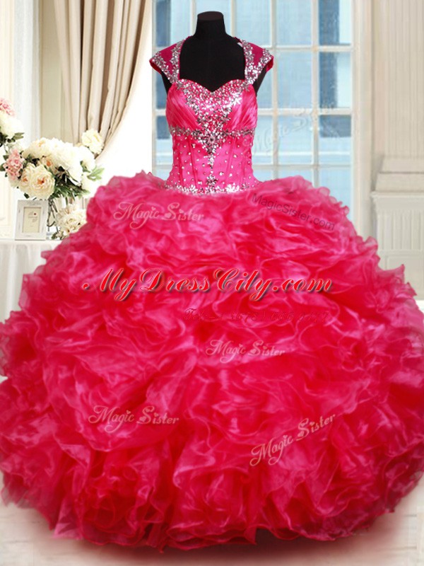 Hot Pink Sweetheart Neckline Beading and Ruffles Sweet 16 Quinceanera Dress Cap Sleeves Backless