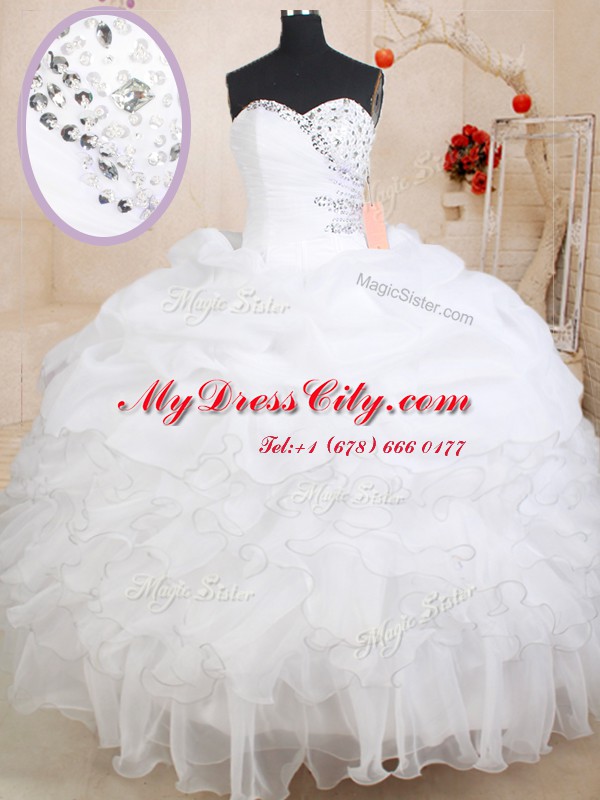 White Ball Gowns Beading and Ruffles and Pick Ups Quince Ball Gowns Zipper Organza Sleeveless Floor Length