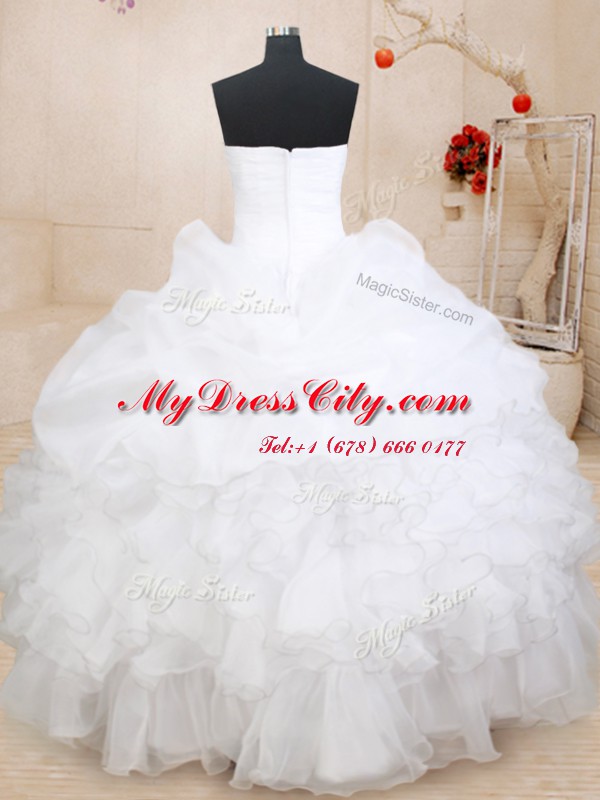 White Ball Gowns Beading and Ruffles and Pick Ups Quince Ball Gowns Zipper Organza Sleeveless Floor Length