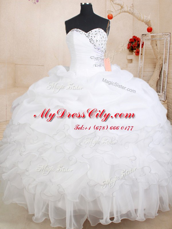 White Ball Gowns Beading and Ruffles and Pick Ups Quince Ball Gowns Zipper Organza Sleeveless Floor Length