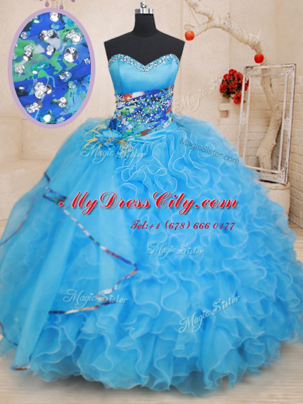 Fabulous Sleeveless Lace Up Floor Length Beading and Ruffles and Pattern Ball Gown Prom Dress