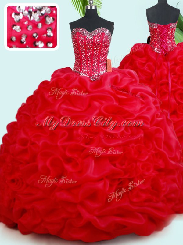 Pick Ups Red Sleeveless Organza Court Train Lace Up Quince Ball Gowns for Military Ball and Sweet 16 and Quinceanera