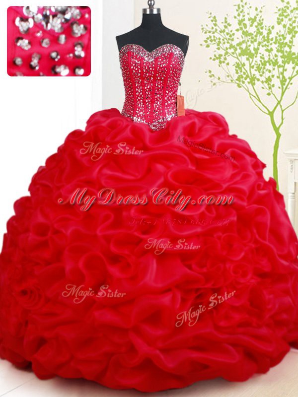 Pick Ups Red Sleeveless Organza Court Train Lace Up Quince Ball Gowns for Military Ball and Sweet 16 and Quinceanera