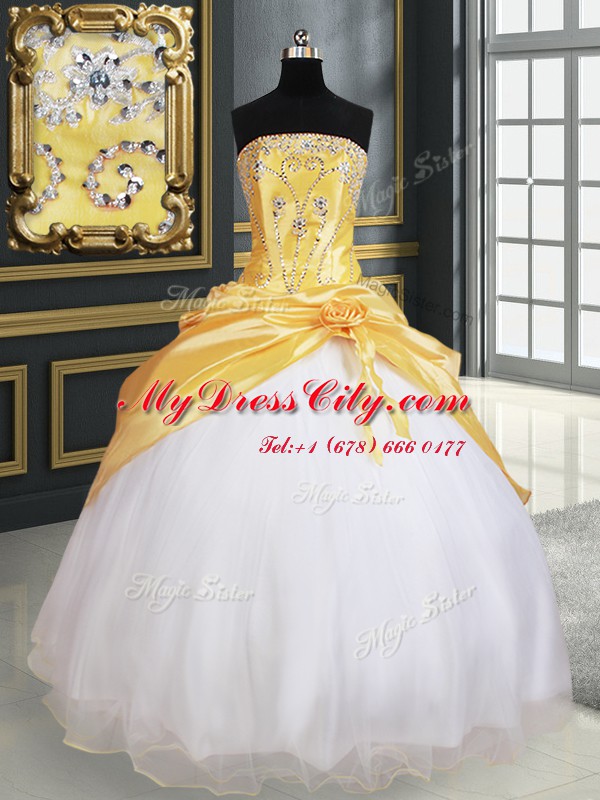 Organza and Taffeta Strapless Sleeveless Lace Up Beading and Pick Ups and Hand Made Flower Quince Ball Gowns in Yellow And White