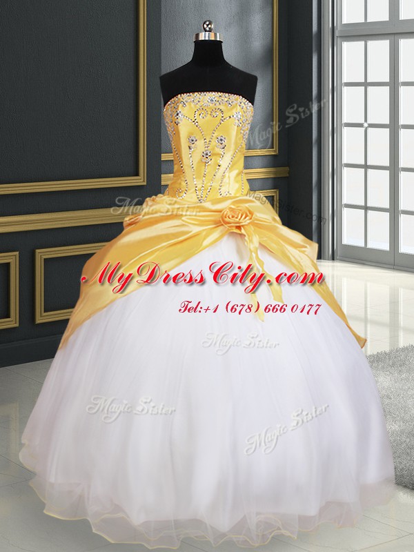 Organza and Taffeta Strapless Sleeveless Lace Up Beading and Pick Ups and Hand Made Flower Quince Ball Gowns in Yellow And White